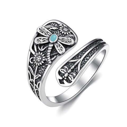 Sterling Silver Dragonfly Jesus Fish Adjustable Spoon Ring for Women