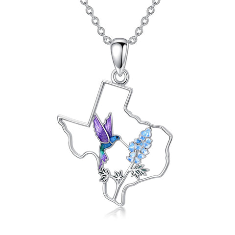 Sterling Silver Hummingbird Texas State Map Flag Pendant Necklace