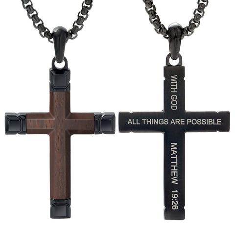 14K Gold  Plated Wooden Cross Crucifix Pendant Necklace for Men