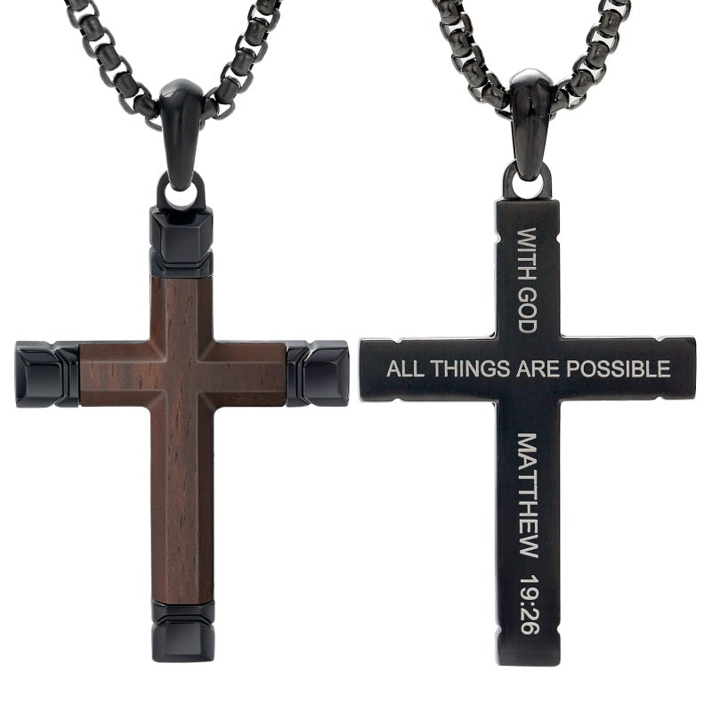 14K Gold  Plated Wooden Cross Crucifix Pendant Necklace for Men