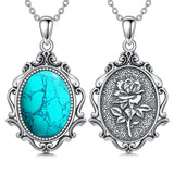 Sterling Silver Blue Sandstone Moonstone Turquoise Obsidian Vintage Rose Pendant Necklace