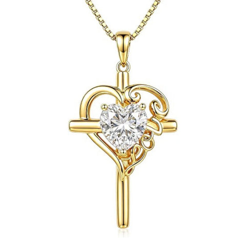 14K Gold  Plated Heart Shape Birthstone  Love Cross Necklace for Women Religious Jewelry