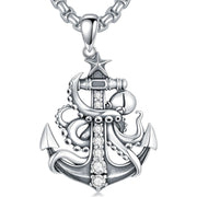 Sterling Silver Earth Swordfish Trident Compass Anchor Pendant Necklace
