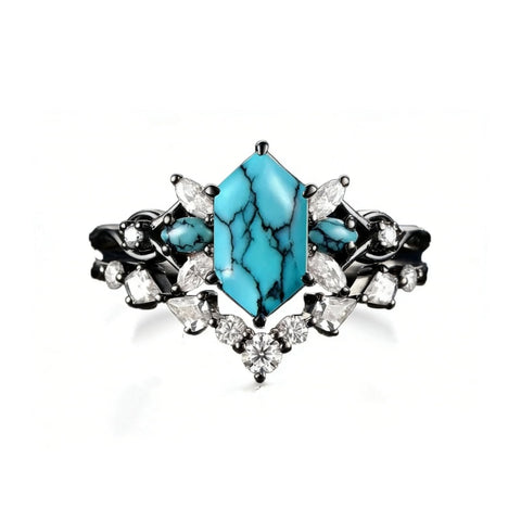 Sterling Silver 10K 14K 18K Gold Turquoise Engagement  Wedding Ring Set for Women