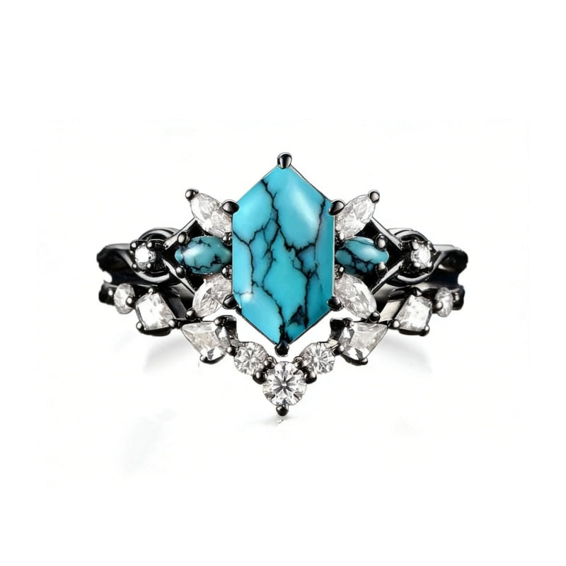Sterling Silver 10K 14K 18K Gold Turquoise Engagement  Wedding Ring Set for Women