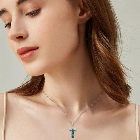 Sterling Silver Lapis Lazuli Abalone Shell Cross Mountains Necklace