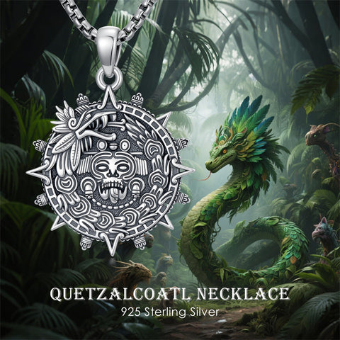 Sterling Silver Mictlantecuhtli Quetzalcoatl Tezcatlipoca Skull Pendant Necklace Aztec Jewelry