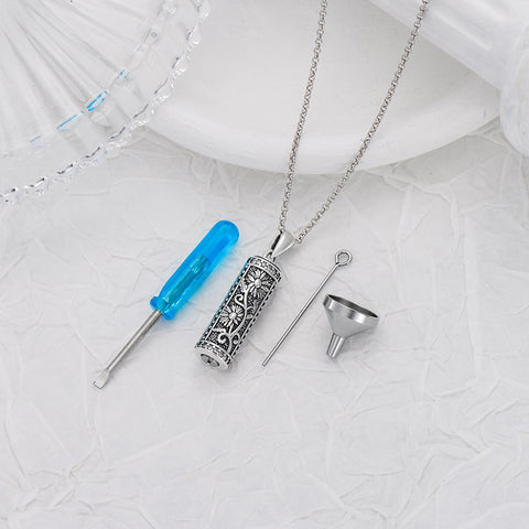 Sterling Silver Hollow Cylinder Rose Daisy Urn Necklace for Ashes
