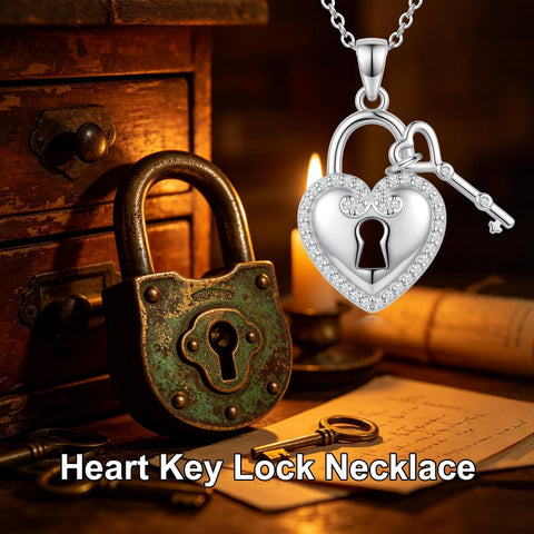 Sterling Silver Key Padlock Heart Key Lock Pendant Love Necklace Jewelry for Women Valentine's Day Birthday Gift