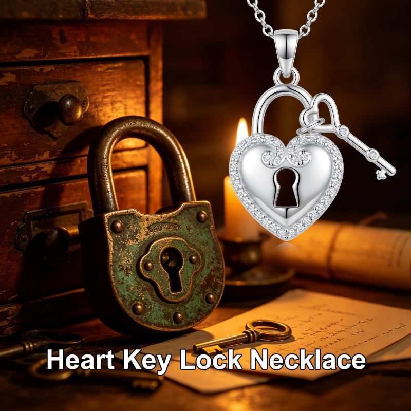 Sterling Silver Key Padlock Heart Key Lock Pendant Love Necklace Jewelry for Women Valentine's Day Birthday Gift