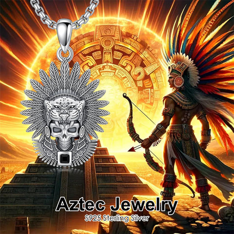 Sterling Silver Mictlantecuhtli Quetzalcoatl Tezcatlipoca Skull Pendant Necklace Aztec Jewelry