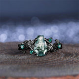 Sterling Silver 10K 14K 18K Gold Natural Leaf  Moss Agate Engagement Anniversary Couple Ring Sets