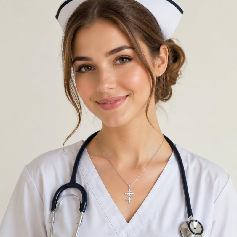 14K Gold Plated  Birthstone Stethoscope Cross Necklace Graduation Gifts for Women RN
