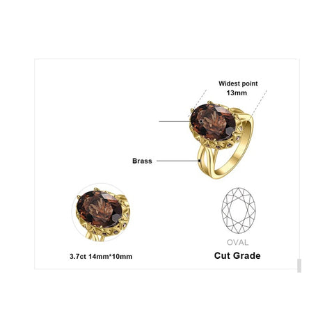 14K Gold Plated  Oval Shape 3.7CT Genuine Smoky Quartz Cocktail Rings for Her