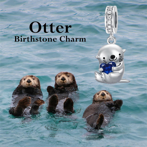 Sterling Silver Birthstone Otter Bead Charm for  Otter Lovers
