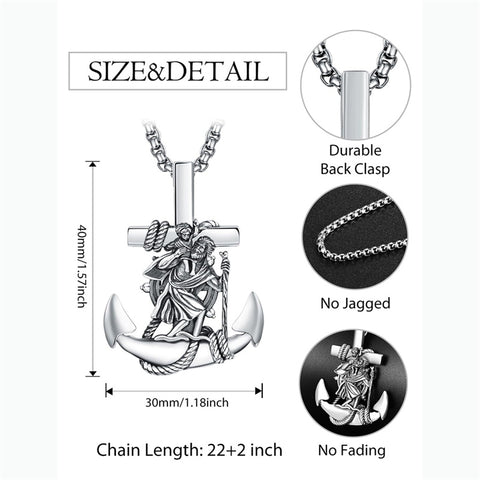 925 Sterling Silver Patron Saint Necklace  Amulet Necklace Cross Jewelry for Men with 2.5mm 22"+2" Rolo Chain