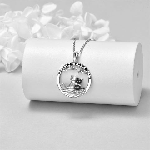 Sterling Silver Cat Pendant Necklace Engraved WithI Would Spend 9 Lives with You