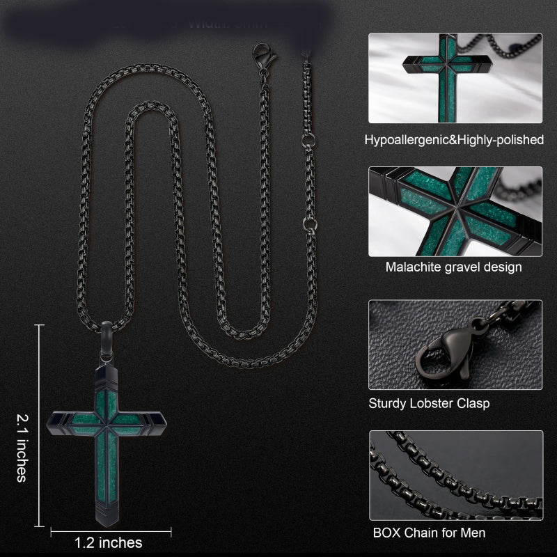 14K Gold Plated Turquoise Malachite Cross Necklace for Men Christianity Cross Jewelry