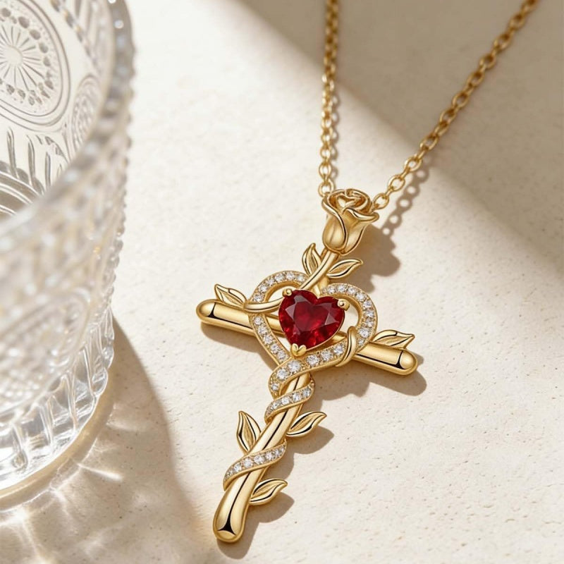 14K Gold Plated Heart Birthstone Rose Cross  Pendant Necklace  Religious Christian Jewelry for Women