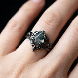 Sterling Silver 10K 14K  18K Gold Personalized Engraved Moss Agate Gothic Promise Wedding Engagement Black Ring Set
