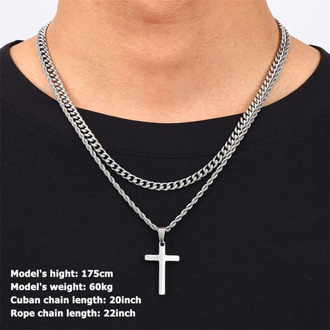 Sterling Silver Layered Cross Necklace for Men with Stainless Steel Cuban Link Rope Chain