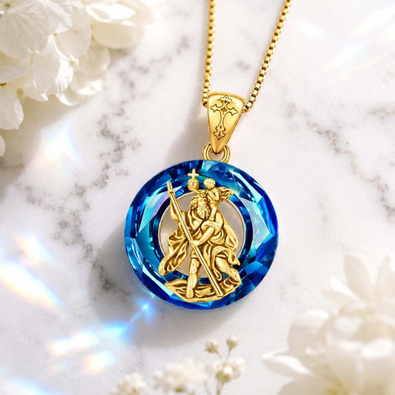 14K Gold Plated Blue Crystal Saint Protection Pendant Necklace Amulet Baptism Gift