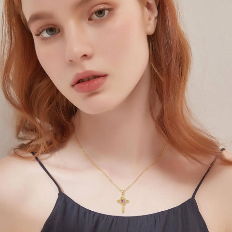 10K 14K 18K Gold Birthstone Cross Pendant Necklace Christian Jewelry