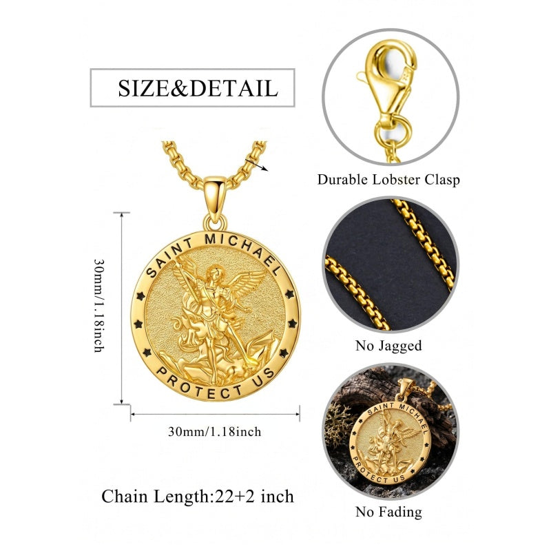 14K Gold Plated Saint Medal Christian  Pendant Necklace for Men