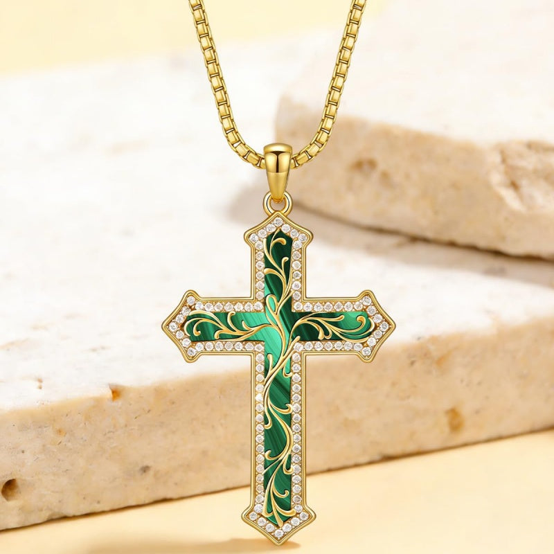 14K Gold Plated Turquoise  Abalone Shell Malachite Wood Filigree Cross Pendant Necklace