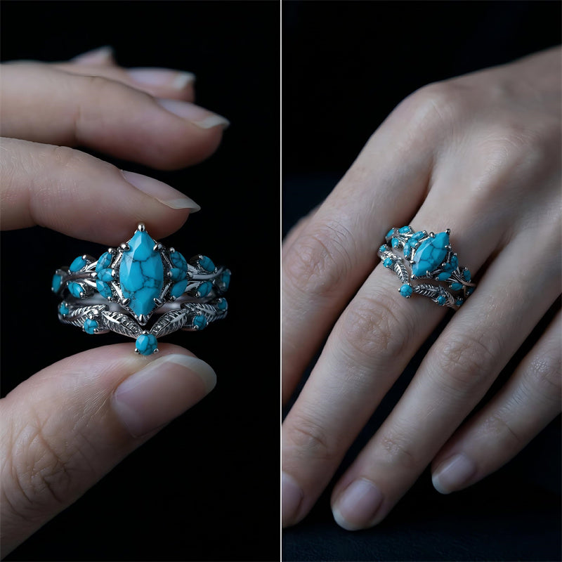 Sterling Silver Personalized Engraved 1-3CT Turquoise Engagement  Wedding Promise Ring Set for Her