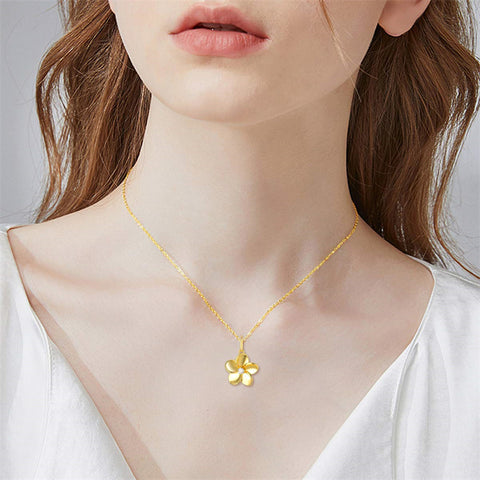 14K Solid Gold Diamond Flower Necklace , Natural Diamond Gold Hawaiian Plumeria Flower Pendant Necklace Anniversary Birhtday  Jewelry Gifts