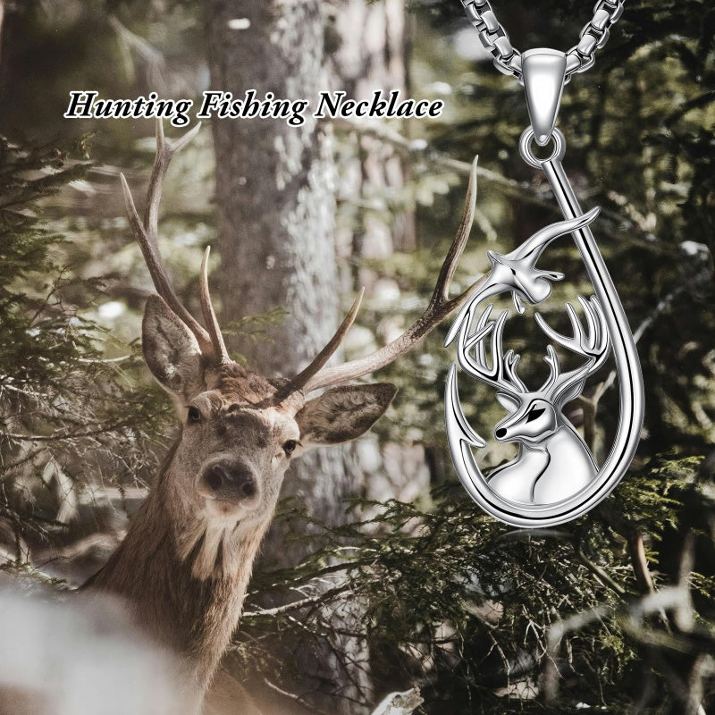 Sterling Silver Deer Bass Fish Wild Duck Fish Hook Pendant Necklace Hunting Jewelry Gifts for Men