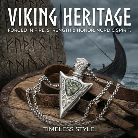 14K Gold Plated Moss Agate Turquoise Valknut Viking Arrow Head Pendant Necklace for Men