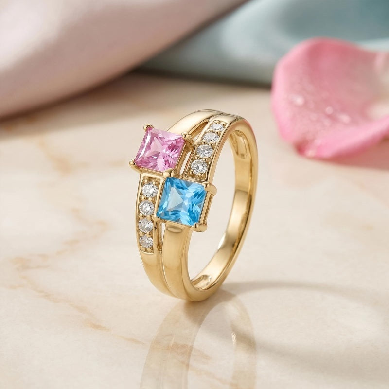 10K 14K 18K Gold Square Shaped Personalized 1-5 Birthstone  Family Mother's Ring Anniversary Ring for Women