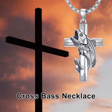 Sterling Silver Bass Fish Cross Pendant  Necklace for Men