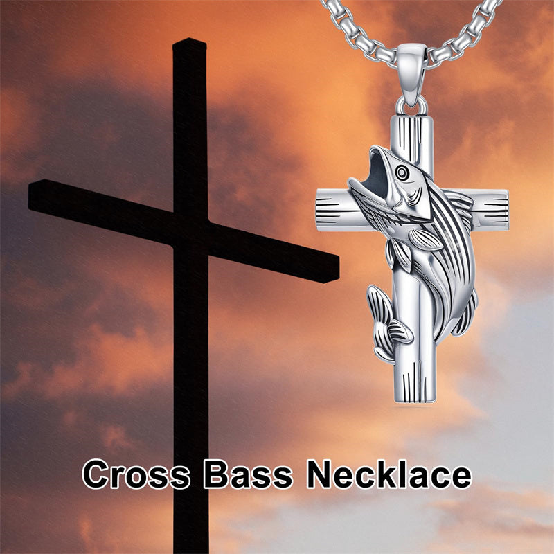 Sterling Silver Bass Fish Cross Pendant  Necklace for Men