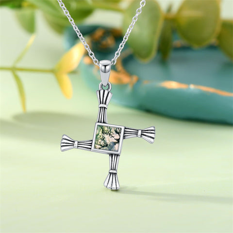 Sterling Silver Moss Agate Abalone Shell St Brigid’s Cross Christian Protection Pendant Necklace