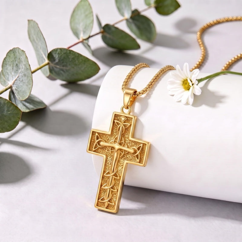 14k Gold Plated Cross Deer Antler Celtic Knot Sword Twisted Rope Cross Pendant Necklace for Men