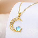 10K 14K 18K Yellow Gold Moonstone Moissanite Moon and Star Necklace Birthday Anniversary Jewelry Gift for Her