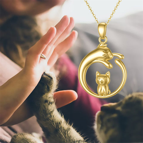 Real Gold Cat Necklace for Women Girls 14K Yellow Gold Cute Pet Pendant Necklace Animal Lover Jewelry Gifts for Birthday Christmas