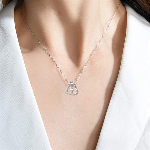 14K l Gold Heart Cubic Zirconia Cross Heart Pendant Necklace