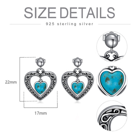 Turquoise Heart Earrings 925 Sterling Silver Heart Shape Natural Turquoise Hypoallergenic Dangle Drop Earrings Jewelry Gifts for Women Girls