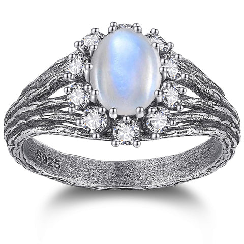 Sterling Silver Moss Agate Moonstone Branch Engagement Wedding Promise Ring  for Her