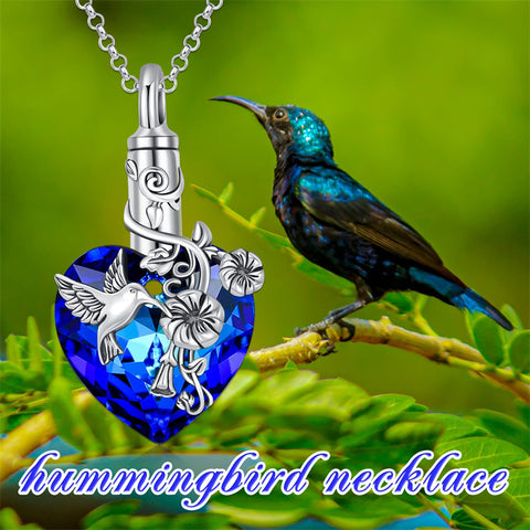 Sterling Silver Heart Crystal Hummingbird Urn Necklace for Ashes