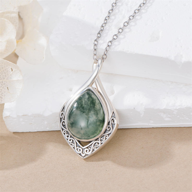 Sterling Silver Moss Agate Celtic Knot Rose Claddagh Filigree Pendant Necklace