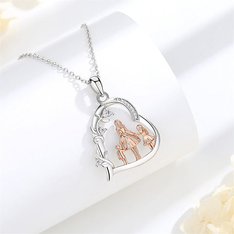 Sterling Silver Cubic Zirconia Mother Daughter Father Daughter Pendant Necklace