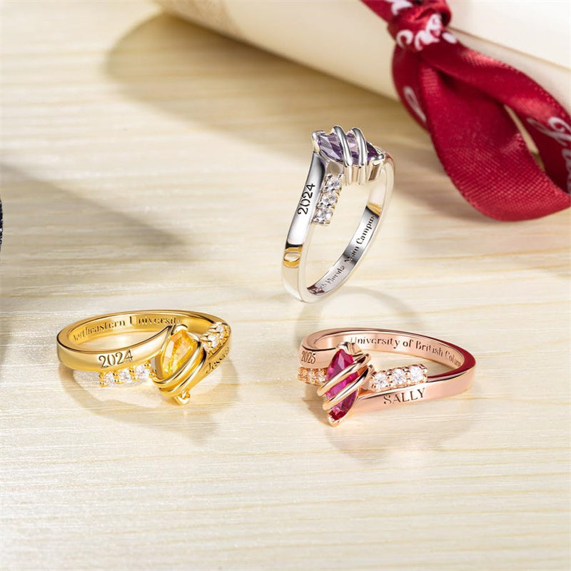 Copper Personalized Birthstone Engraved Class Ring for Women High School University Graduation Gift