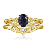 Sterling Silver 10K 14K 18K Gold  Oval Cut Unique Vine Gemstone Wedding Ring Set