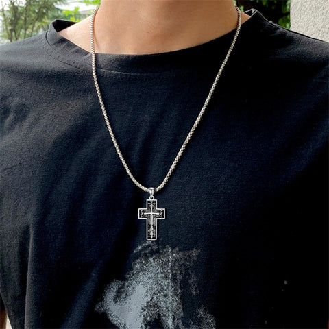 Sterling Silver Cross Christian Pendant Necklace for Men