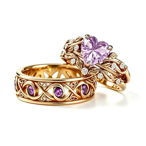 Sterling Silver 10K 14K 18K Gold Purple Gemstone Amethyst  Rings Set Couple Promise Rings Wedding Anniversary Rings